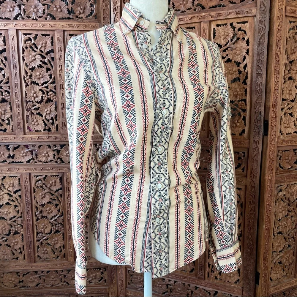 Gitman Bros Vintage Cream Button-Up Shirt with western cross stitch print - Picture 10 of 16